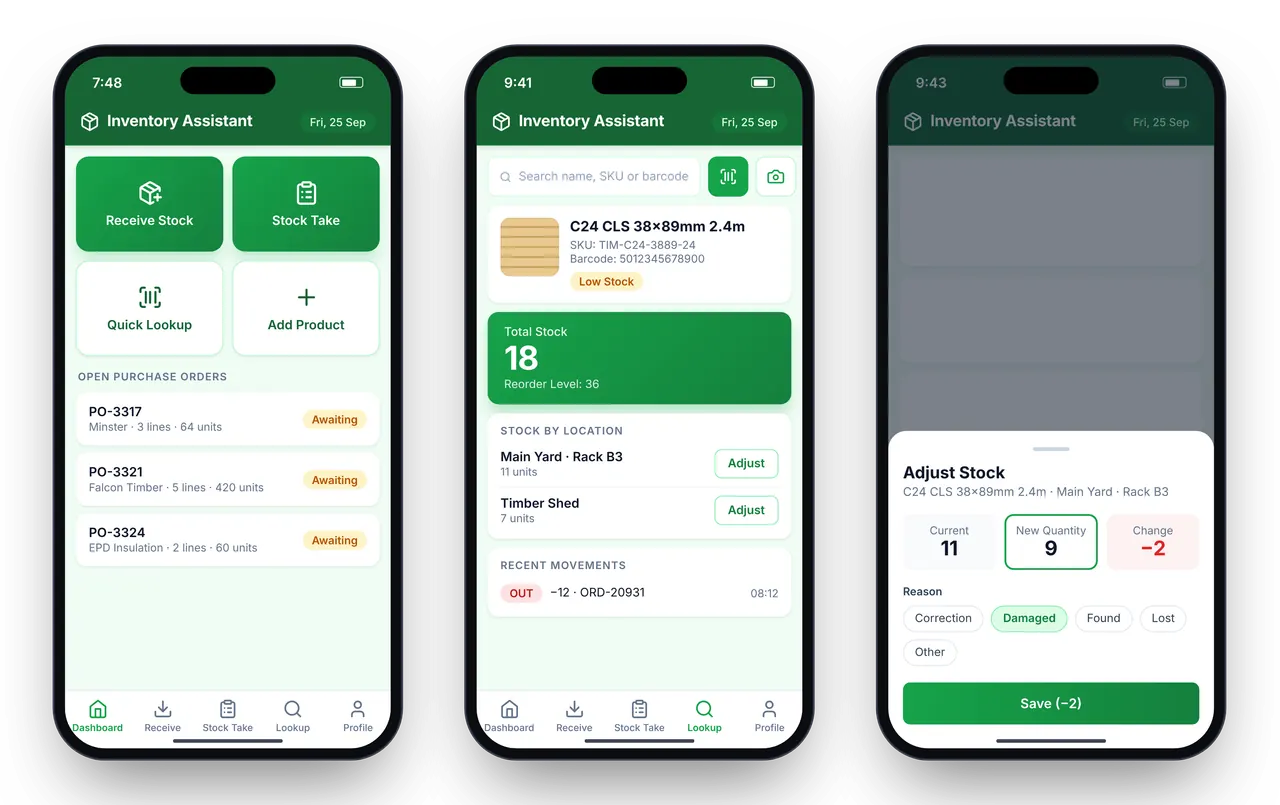 Inventory app on three phones: quick actions to receive stock, run a stock take, look up or add a product; a product lookup with barcode and photo search, low-stock status and stock by location; and an Adjust Stock sheet with a reason.