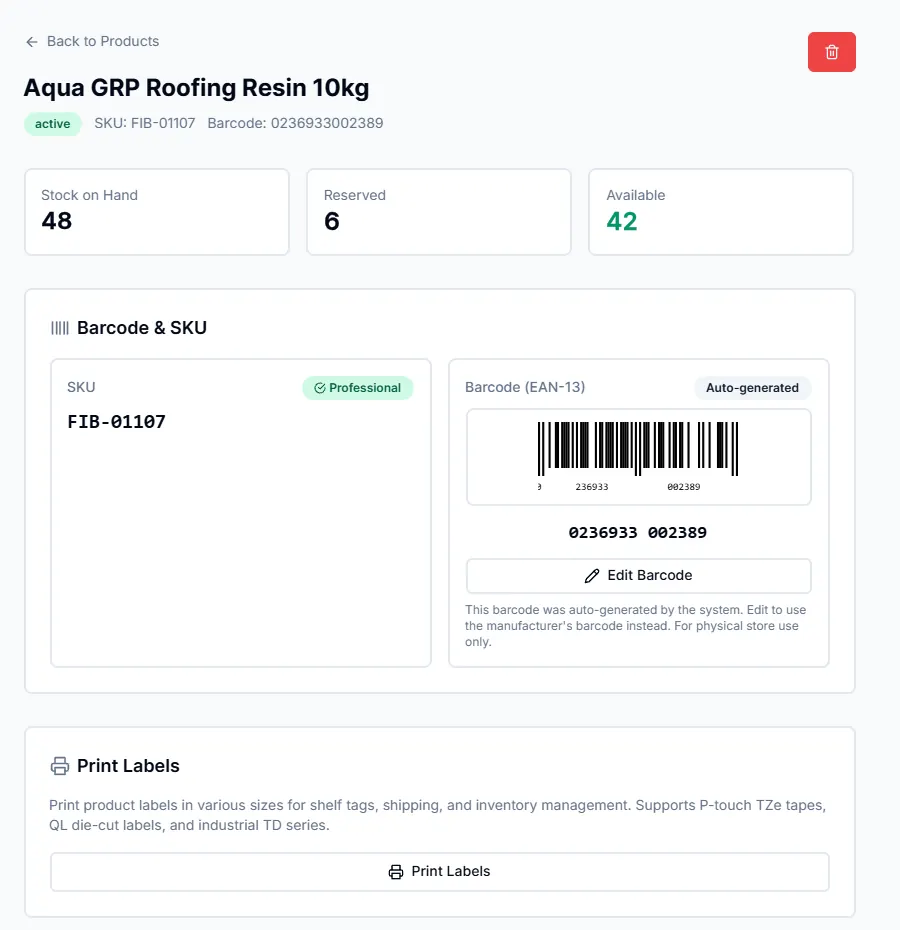 Product edit page: stock on hand, reserved and available, the SKU with a Professional badge, an auto-generated EAN-13 barcode and the Print Labels card.
