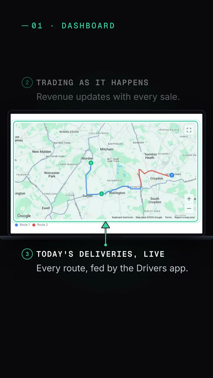 Dashboard, close up on the Today's Deliveries map: every route, fed by the Drivers app.