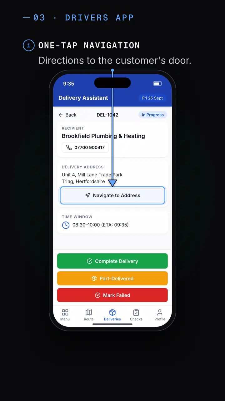 Drivers app stop screen: one-tap navigation to the customer's address.