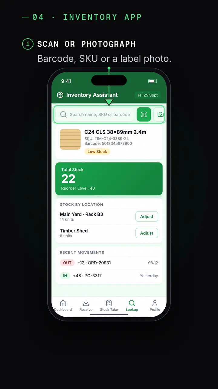 Inventory app: scan a barcode or photograph a label to find a product.