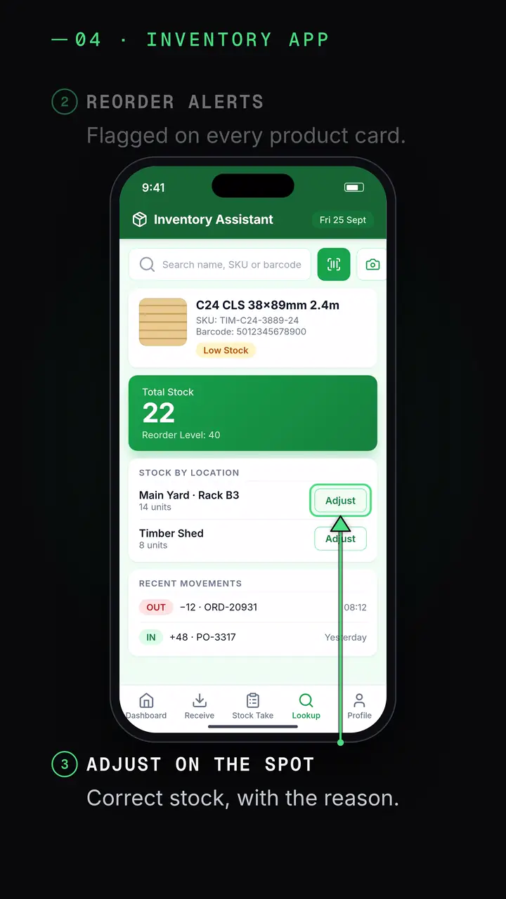 Inventory app: adjust stock at a location, with the reason recorded.