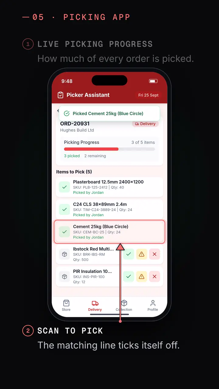 Picking app: a scanned line ticks itself off.