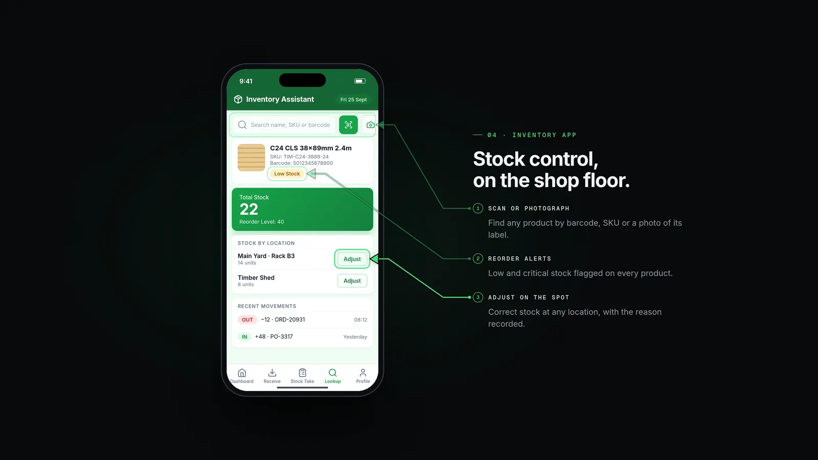 The Inventory app product lookup, with callouts on scanning, reorder alerts and adjusting stock on the spot.